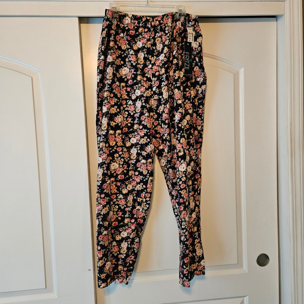 NWT Fritzi Floral Pants Womens 3X Black Pink Rose Spring Wedding Guest Elastic